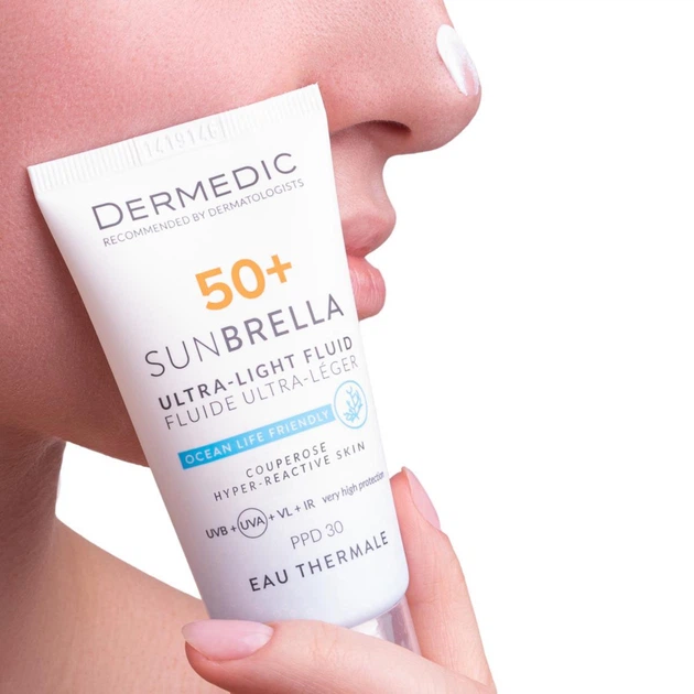 Ультралегкий защитный флюид Dermedic Sunbrella SPF 50+ для сосудистой и гиперактивной кожи 40 мл (5901643177584) - изображение 4