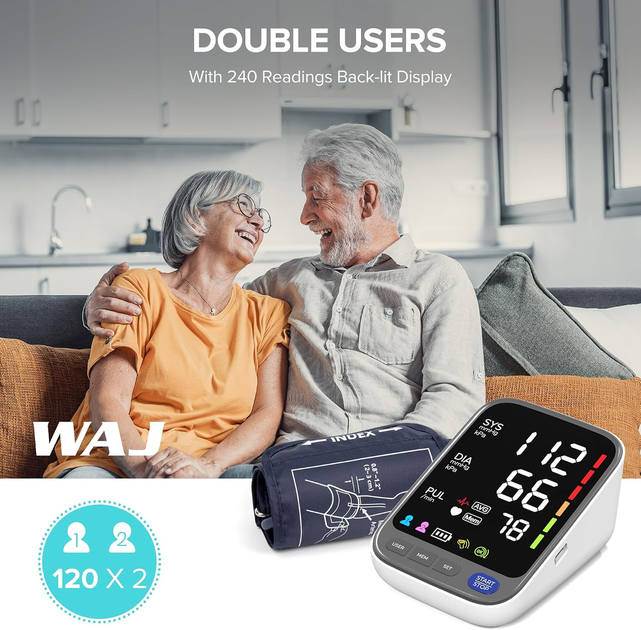 Автоматический тонометр WAJ FC-BP113 6,4", манжета 22–42 см, память 2×120, аритмия, USB-C, белый - изображение 6