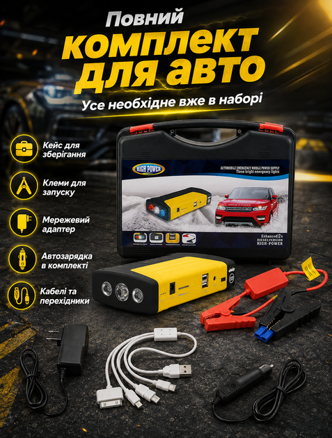 Пускозарядний пристрій павербанк для запуску автомобіля з напругою 12 В пусковим струмом 300 А ємністю 50800 мАг у кейсі - зображення 9