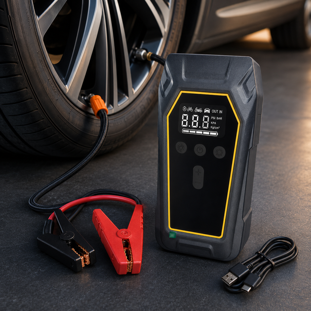 Пускозарядное устройство K5 4000 А джамп стартер с компрессором 150 PSI бустер автомобильный 16000 мАч пускатель 12 В стартер аккумуляторный 4в1 насос 32 л мин повербанк USB фонарь SOS для авто мотоцикла велосипеда - изображение 6