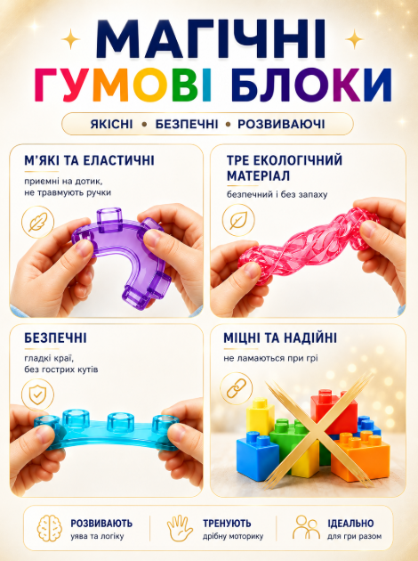 Конструктор из мягкого силикона Magic Gummy Bloc 40 деталей cенсорный конструктор для детей прозрачный блок эластичный разноцветный без острых углов идеальный подарок мальчику девочке - изображение 4