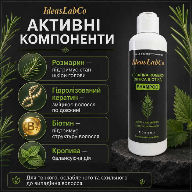 Шампунь для тонких и ослабленных IdeasLabCo Kebatina Romero Ortica Biotina Тонизирующий шампунь для ослабленных волос 200 г - Фото 5 Шампунь для тонких и ослабленных IdeasLabCo Kebatina Romero Ortica Biotina Тонизирующий шампунь для ослабленных волос 200 г - изображение 5