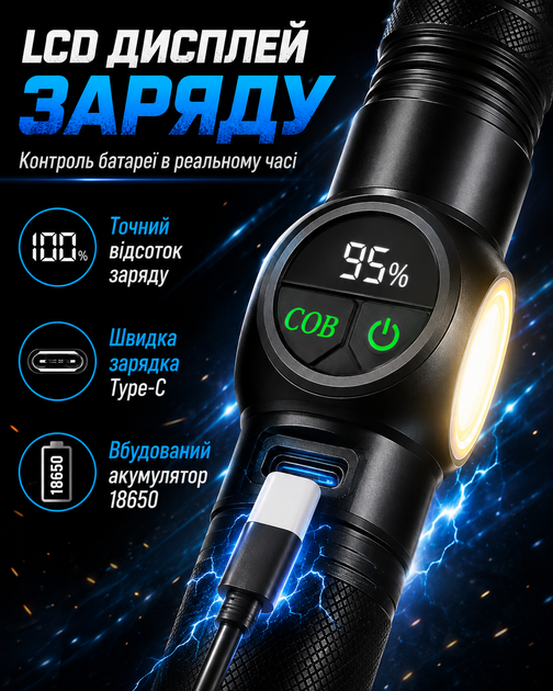 Фонарь ручной аккумуляторный фонарик LED COB 10 Вт 1000 лм 300 м 3000 мА·ч 18650 с боковым светом LCD дисплеем зарядкой магнитным хвостом зумом Type-C дальнобойный водонепроницаемый IP65 для авто дома кемпинга рыбалки ремонта путешествий с ремешком - изображение 6