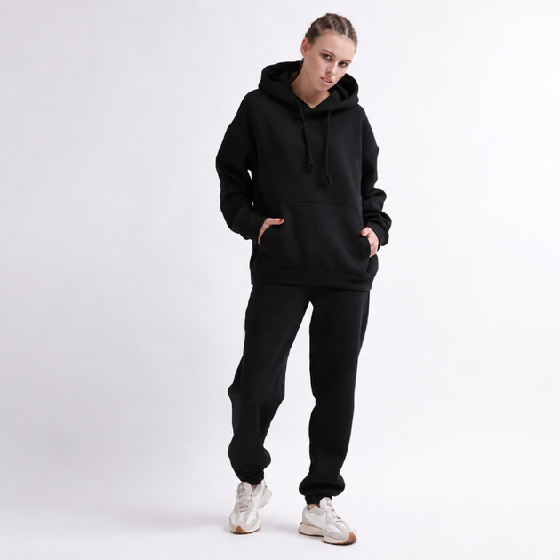 Уютный черный спортивный костюм в стиле oversize 55862 размер S - Фото 4 Уютный черный спортивный костюм в стиле oversize 55862 размер S - изображение 4