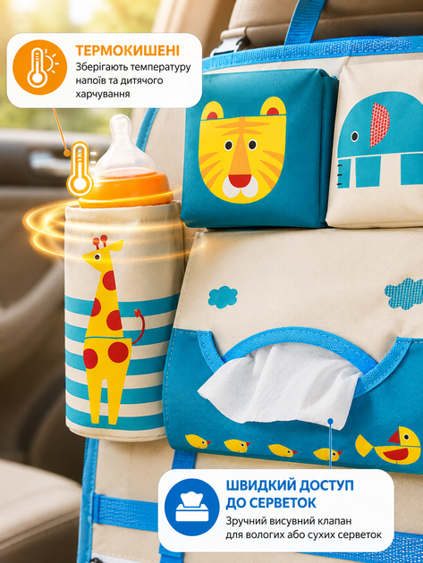 Органайзер на спинку сидіння автомобіля дитяча авто сумка у машину під затишник захисна накидка на автокрісло для зберігання речей іграшок пляшечок серветок кишеньковий дорожній автоорганайзер Axacam CO065B Blue 53х43 см - зображення 2