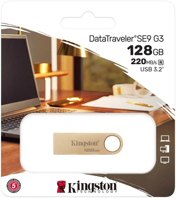 Флеш-память USB Kingston DataTraveler SE9 G3 128GB USB 3.2 металл Gold (DTSE9G3/128GB) - Фото 4 Флеш-память USB Kingston DataTraveler SE9 G3 128GB USB 3.2 металл Gold (DTSE9G3/128GB) - изображение 4