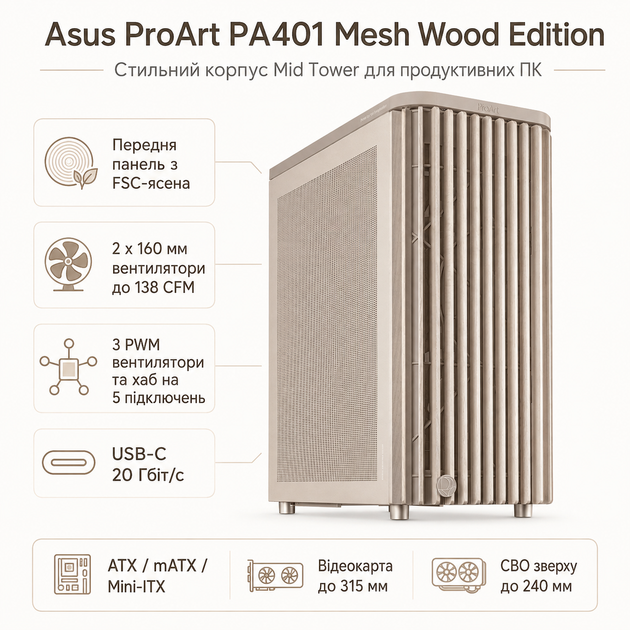 Корпус для ПК Asus ProArt PA401 Mesh Mid Tower без БЖ ATX/MicroATX/Mini-ITX Wood Edition Beige (90DC00M7-B39000) - Фото 1 Корпус для ПК Asus ProArt PA401 Mesh Mid Tower без БЖ ATX/MicroATX/Mini-ITX Wood Edition Beige (90DC00M7-B39000) - зображення 1