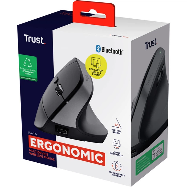 Миша вертикальна бездротова Trust Bayo + Ergonomic 2400 dpi Bluetooth 2.4GHz Black (25146) - зображення 9