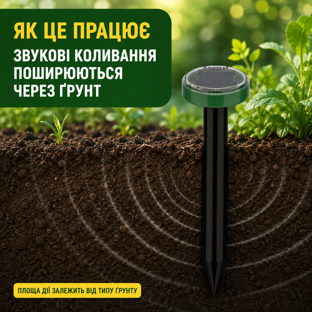 Ефективний ультразвуковий відлякувач кротів, гризунів і змій на сонячній батареї для саду та городу, 2 шт. 20 метрів дія - зображення 4