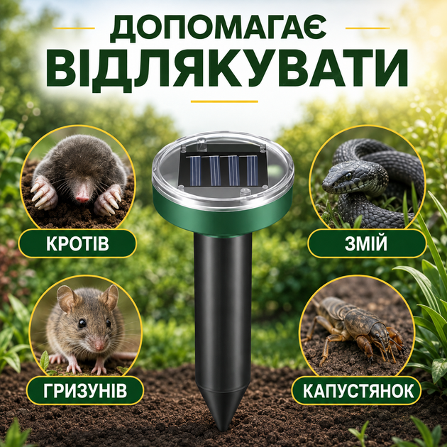 Ефективний ультразвуковий відлякувач кротів, гризунів і змій на сонячній батареї для саду та городу, 2 шт. 20 метрів дія - зображення 8