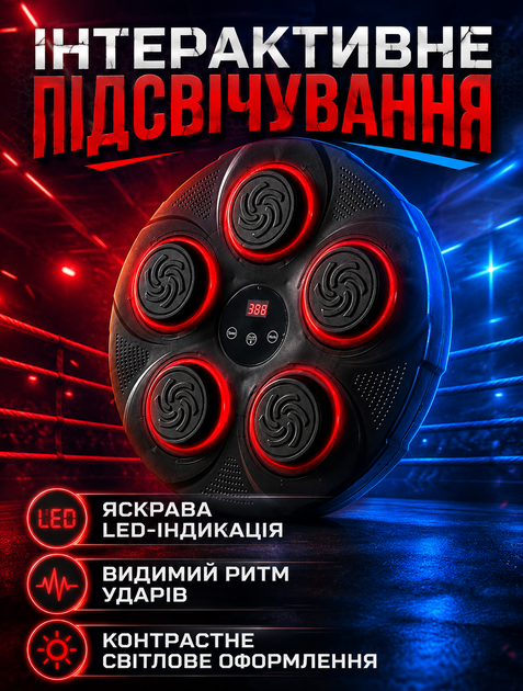 Тренажер для бокса настенный музыкальный 40х40х5 см 9 режимов RGB подсветка 5 Вт аккумулятор USB зарядка с перчатками - Фото 3 Тренажер для бокса настенный музыкальный 40х40х5 см 9 режимов RGB подсветка 5 Вт аккумулятор USB зарядка с перчатками - изображение 3
