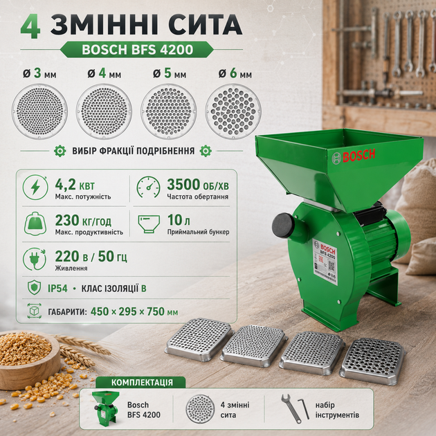 Зернодробилка Bosch BFS 4200 электрическая 230 кг/ч кормодробилка молотковая 4,2 кВт измельчитель зерна 220 В дробилка для кукурузы пшеницы сухих кормов 3500 об/мин корморезка с бункером 10 л четырьмя ситами 3 4 5 6 мм для фермы домашнего хозяйства - изображение 3