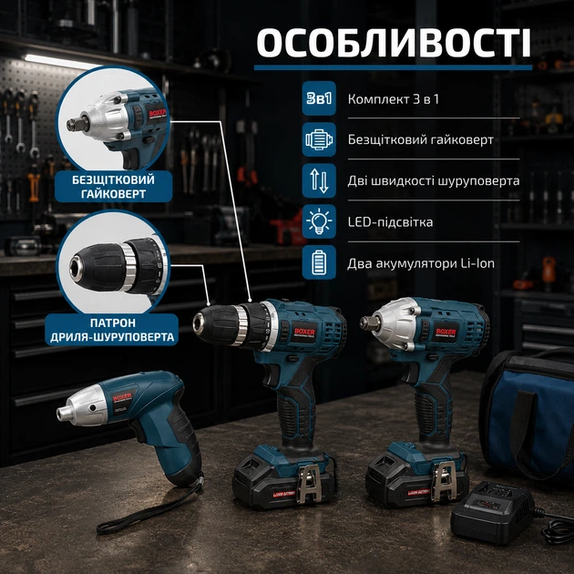 Набор аккумуляторных инструментов Boxer SR-033 3 в 1 дрель шуруповерт 24 В ударный гайковерт 250 Нм бесщеточный аккумуляторная отвертка 3,6 В комплект электроинструмента с двумя Li-Ion батареями 3 А·ч патроном 10 мм квадратом 1/2 LED подсветкой сверлами - изображение 4