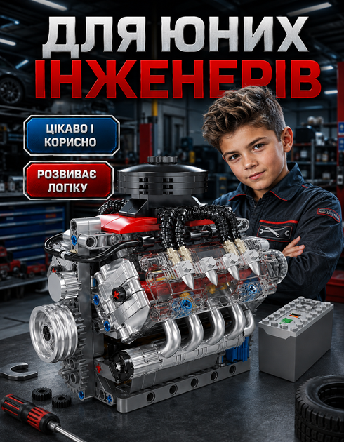 Конструктор двигун ADX-V8 дитячий для хлопчиків для дітей ігрові конструктори машинки іграшки для розвитку логіки моторики розвиваючий навчальний набір на подарунок - зображення 7