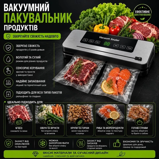 Аппарат для вакуумной упаковки сенсорное K-7101 вакуумирование и запаивание продуктов - изображение 3