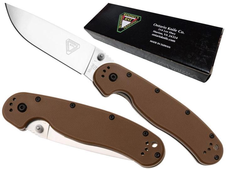 Ніж складаний Ontario Knife RAT I Linerlock, лезо Plain Satin D2, руківя Coyote Brown GFN, Тайвань, ON8867CB - Фото 2 Ніж складаний Ontario Knife RAT I Linerlock, лезо Plain Satin D2, руківя Coyote Brown GFN, Тайвань, ON8867CB - изображение 2