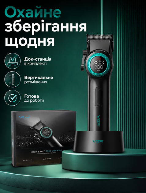 Машинка для стрижки волос аккумуляторная 260 минут работы 7000-9000 об/мин 21 скорость регулировка 1-3 мм + 10 насадок - изображение 8