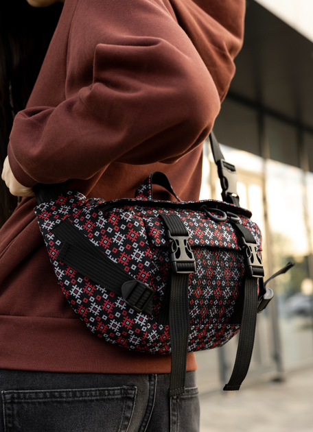 Велика жіноча текстильна сумка-бананка Sambag DynamicDart водонепроникна на 9 відділень з етно принтом Вишиванка - зображення 3