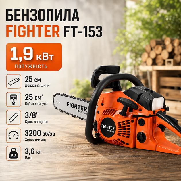 Бензопила Fighter FT-153 цепная бензиновая пила садовая компактная для обрезки деревьев веток заготовки дров древесины 1,9 кВт 25 см 3,6 кг двухтактная с легким запуском автосмазкой антивибрационной системой - изображение 2