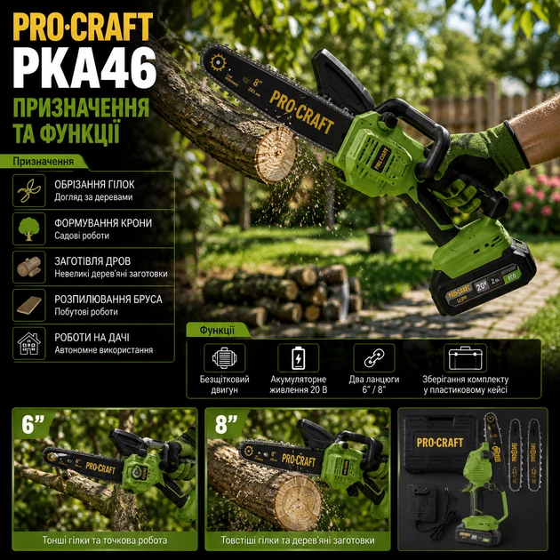 Акумуляторна ланцюгова пила Procraft PKA46 електропила безщіткова бездротова садова міні компактна для обрізання дерев гілок формування крон розпилювання бруса дощок заготівлі дров 20 В 2 А·год шини 152 203 мм 4600 об хв батарея кейс - Фото 2 Акумуляторна ланцюгова пила Procraft PKA46 електропила безщіткова бездротова садова міні компактна для обрізання дерев гілок формування крон розпилювання бруса дощок заготівлі дров 20 В 2 А·год шини 152 203 мм 4600 об хв батарея кейс - зображення 2