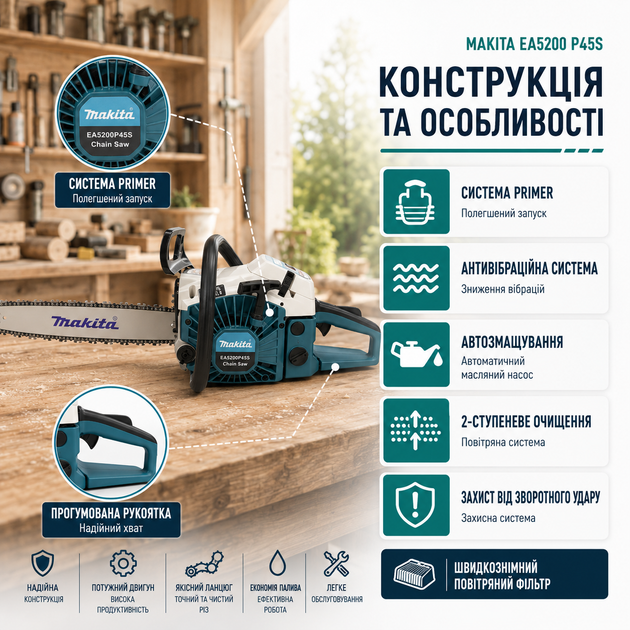Бензопила Makita EA5200 P45S профессиональная 3,6 кВт цепная пила бензиновая 4,8 л.с. с шиной 45 см двигателем 52 см³ двухтактная 0,325 дюйма с автосмазкой легким запуском антивибрационная для заготовки дров деревьев веток сада дачи дома строительства - изображение 2
