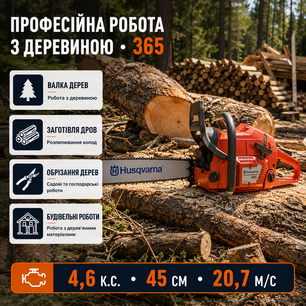 Бензопила 365 профессиональная 3,4 кВт цепная пила бензиновая 4,6 л.с. с шиной 45 см двигателем 65,1 см³ скоростью 20,7 м/с шагом 3/8 дюйма антивибрационная для валки деревьев заготовки дров лесозаготовки строительства сада дачи частного дома хозяйства - изображение 4