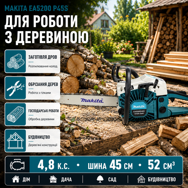 Бензопила Makita EA5200 P45S профессиональная 3,6 кВт цепная пила бензиновая 4,8 л.с. с шиной 45 см двигателем 52 см³ двухтактная 0,325 дюйма с автосмазкой легким запуском антивибрационная для заготовки дров деревьев веток сада дачи дома строительства - изображение 4