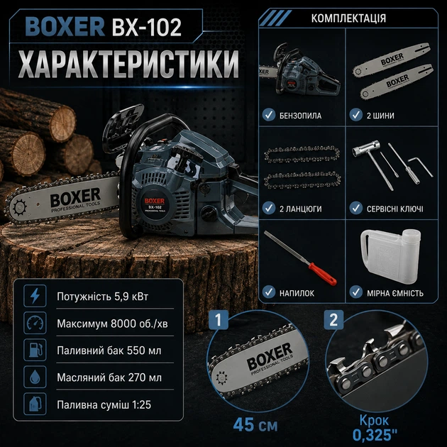 Бензопила BOXER BX-102 цепная бензиновая пила двухтактная садовая профессиональная для распиливания древесины заготовки дров обрезки деревьев фермерских строительных работ 5,9 кВт 7,9 лс 52 см³ шина 45 см 8000 об мин антивибрационная легкий запуск 2 шины - изображение 4