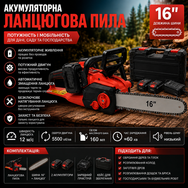 Акумуляторна ланцюгова пила 16"+ 2 акумулятори (з обох боків) Червона - зображення 4