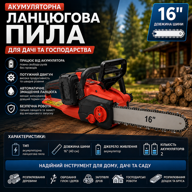 Акумуляторна ланцюгова пила 16"+ 2 акумулятори (з обох боків) Червона - зображення 5