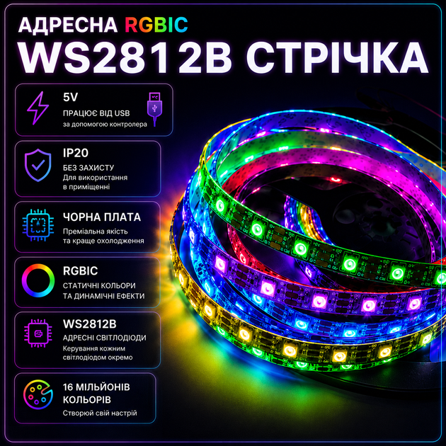 Світлодіодна адресна RGBIC WS2812b стрічка 5 метрів 60 світлодіодів на метр, 5 вольт, 5V, 60 LED/м, IP20, чорна - Фото 2 Світлодіодна адресна RGBIC WS2812b стрічка 5 метрів 60 світлодіодів на метр, 5 вольт, 5V, 60 LED/м, IP20, чорна - зображення 2