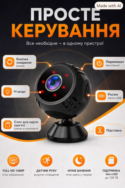 Міні камера wi-fi прихованого відеоспостереження для дому відеокамера full hd IP бездротова прихована маленька мінікамера з датчиком руху ІЧ-підсвітка акумуляторна - зображення 5