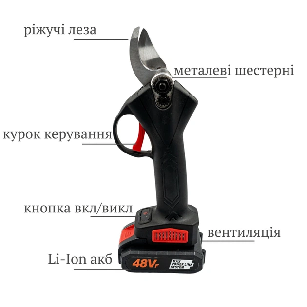 Акумуляторний секатор для обрізки гілок дерев (21V з 2 акумуляторами, чорний) - Фото 9 Акумуляторний секатор для обрізки гілок дерев (21V з 2 акумуляторами, чорний) - зображення 9