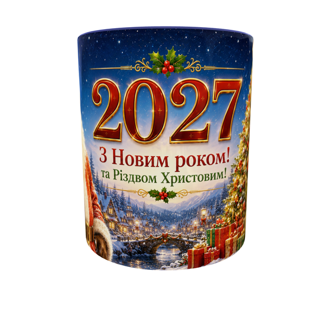 Кружка (чашка) з принтом «З Новим роком! та Різдвом Христовим!» 2027 із серії «Різдвяна Казка» – новорічний та різдвяний подарунок | Керамічна 330 мл(синя ручка) - зображення 6