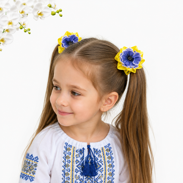 Дитячі бантики для волосся жовто-сині з квіткою - Фото 2 Дитячі бантики для волосся жовто-сині з квіткою - зображення 2