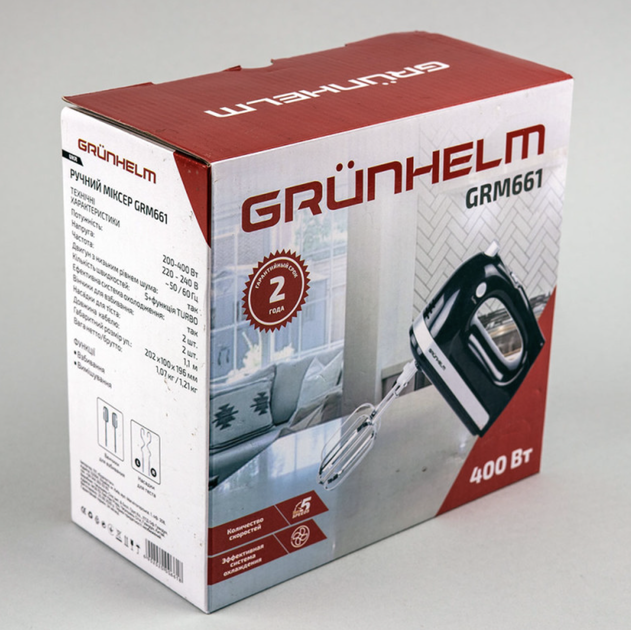 Миксер ручной кухонный Grunhelm GRM661 400 Вт 5 скоростей с насадками для взбивания и замешивания теста Черный - Фото 1 Миксер ручной кухонный Grunhelm GRM661 400 Вт 5 скоростей с насадками для взбивания и замешивания теста Черный - изображение 1