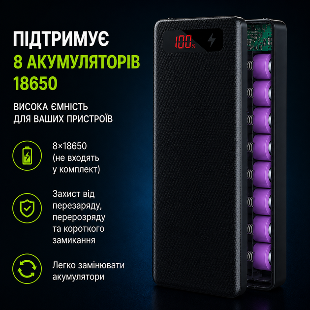Корпус для Power Bank DIY 8x18650 Type-C / Micro-USB с LED-фонариком и USB выходами - Фото 1 Корпус для Power Bank DIY 8x18650 Type-C / Micro-USB с LED-фонариком и USB выходами - изображение 1