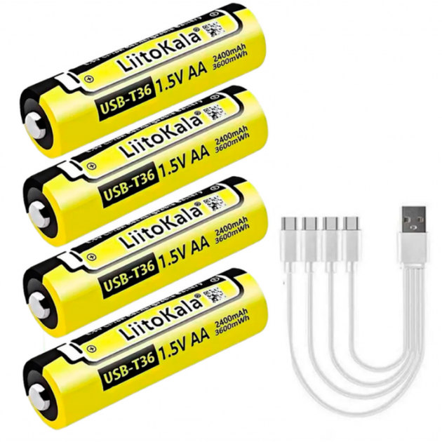 Набор аккумуляторов LiitoKala USB-T36 (4xAA 2400mAhh, 1.5V), 4 в 1 Type-C с кабелем зарядки - зображення 2