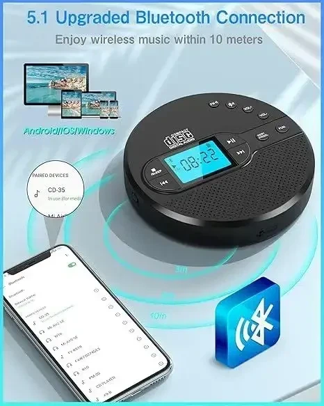 Портативний CD-плеєр CD-35 з Bluetooth, FM-передавачем, динаміками та LCD-дисплеєм - Фото 2 Портативний CD-плеєр CD-35 з Bluetooth, FM-передавачем, динаміками та LCD-дисплеєм - зображення 2