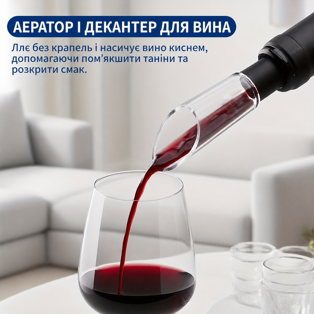 Электрический штопор для вина Cliton набор 4 в 1 аккумуляторный открыватель для бутылок с ножом для фольги аэратором и пробкой черный - изображение 4