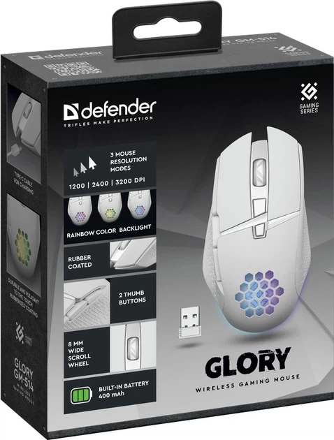 Компьютерная мышь Defender Glory GM-514 беспроводная оптическая 1200–3200 dpi 5 кнопок с радужной подсветкой Белая (GM-514) - изображение 8