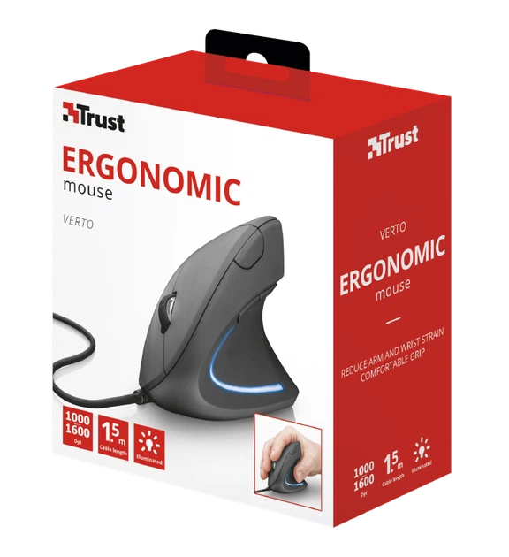 Компьютерная мышь Trust Verto Ergonomic вертикальная USB оптическая 1000/1600 dpi 6 кнопок с голубой подсветкой Чёрная (22885) - изображение 5
