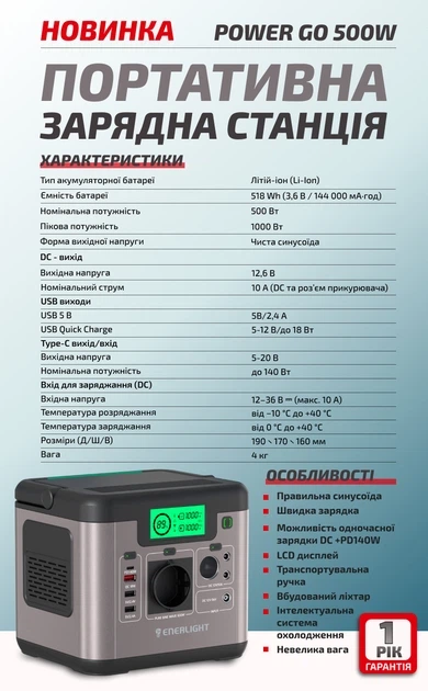 Станція резервного живлення Enerlight PowerGo500 / 500 Вт / 520 Вт⋅год / Li-ion - зображення 2