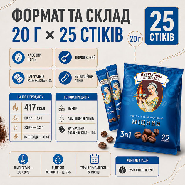 Розчинний кавовий напій Петрівська Слобода 3в1 Міцний 25 стіків по 20 г порошкова кава натуральна 10% з цукром замінником вершків гіркотою насиченим смаком тонізуючий порційний - Фото 2 Розчинний кавовий напій Петрівська Слобода 3в1 Міцний 25 стіків по 20 г порошкова кава натуральна 10% з цукром замінником вершків гіркотою насиченим смаком тонізуючий порційний - зображення 2
