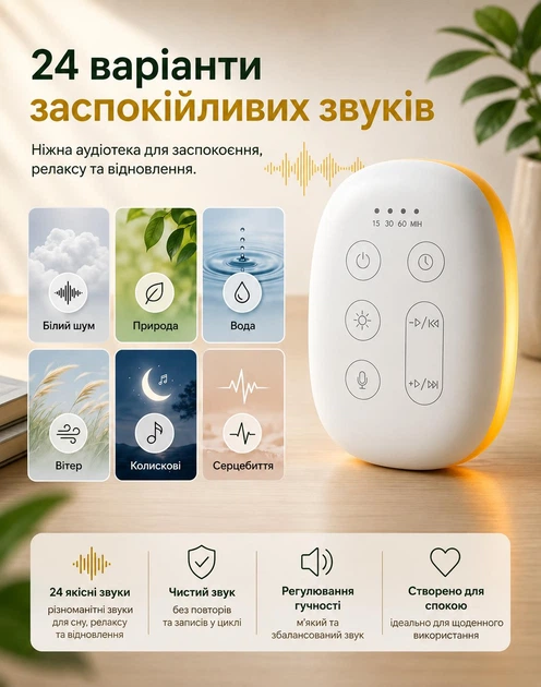 Генератор білого шуму для сну портативний пристрій нічник з USB-C зарядкою та таймером звуковий пристрій для сну немовлят дітей та дорослих 24 звуки 3 режими підсвітки - зображення 3
