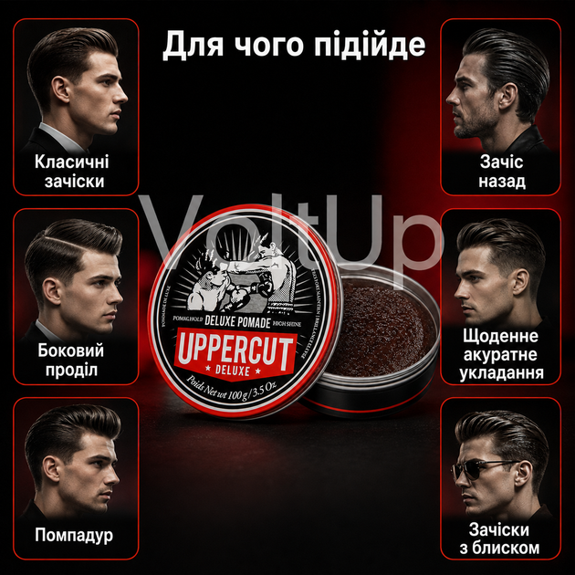 Помада Uppercut Deluxe Pomade STD 100 г для барберской укладки slick back и side part - изображение 3