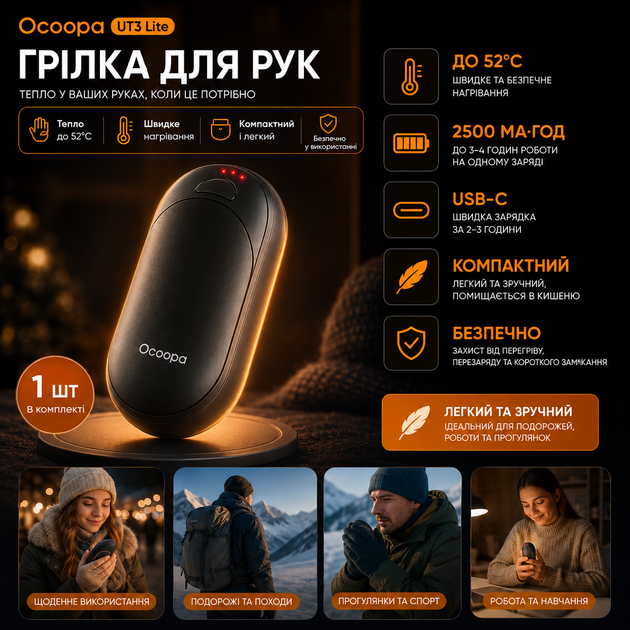Грелка для рук Ocoopa UT3 Lite 1шт черная - обогреватель 2500 мАч, до 52°C, USB-C - Фото 1 Грелка для рук Ocoopa UT3 Lite 1шт черная - обогреватель 2500 мАч, до 52°C, USB-C - изображение 1