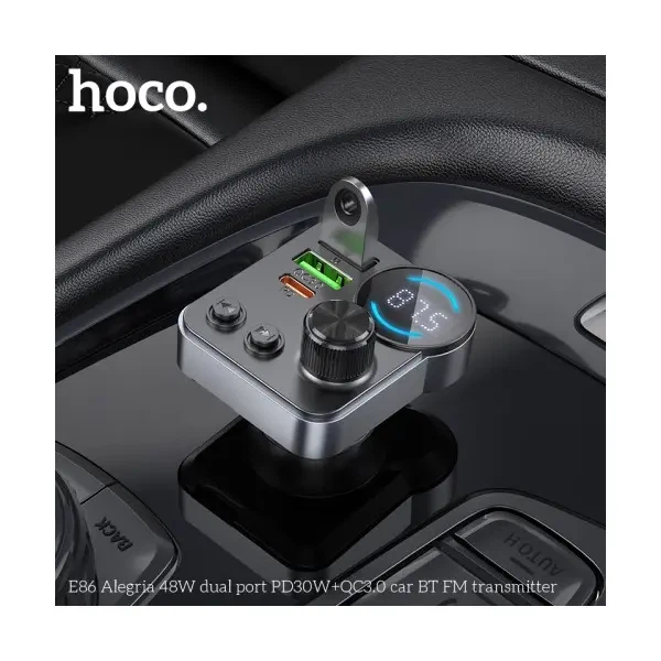 FM модулятор Hoco E86 Alegria, Car Charger, 2xUSB-A, 1xType-C, 48W dual port PD30W, QC3.0, Чорний - зображення 6