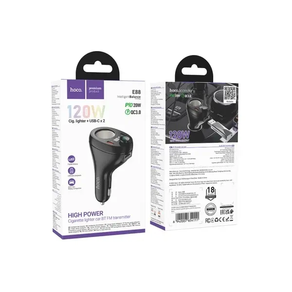 FM модулятор Hoco E88 Star Car Charger, 1xUSB-A, 2xType-C, 35W (2C) cigarette lighter, Чорний - зображення 2