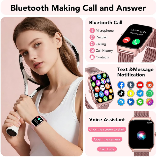 Женские смарт-часы CASCHO 1.85″ HD, Bluetooth 5.3, звонки, SpO₂, пульс, 120+ режимов, IP68 - изображение 3